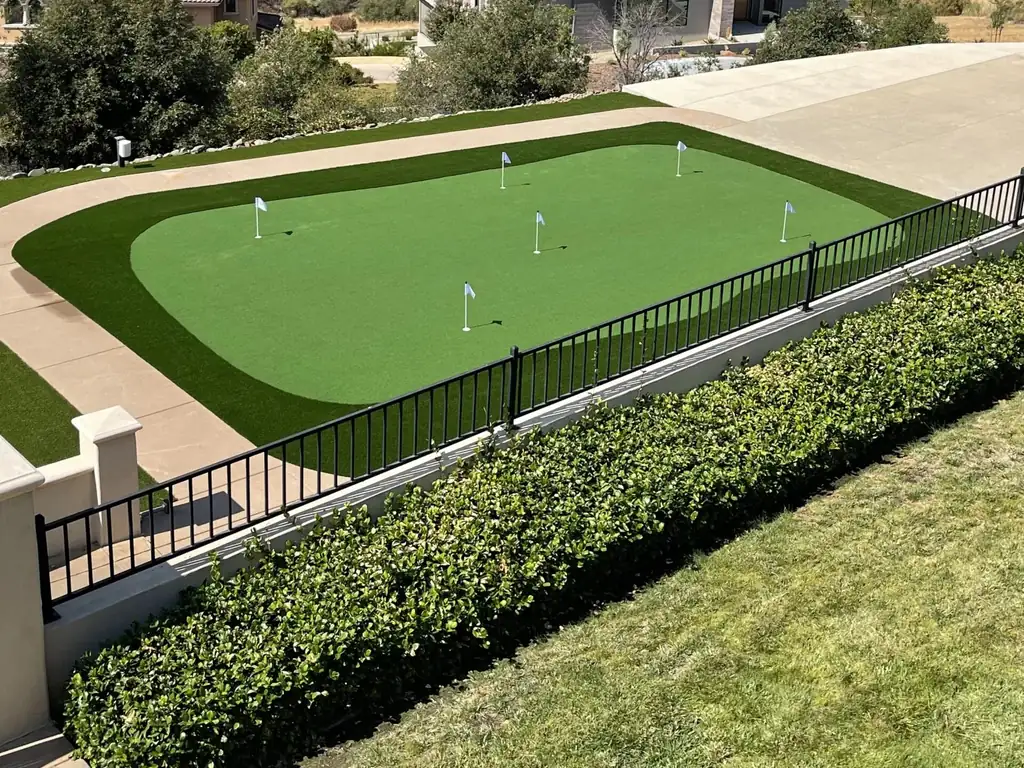 Backyard putting green with artificial turf surround